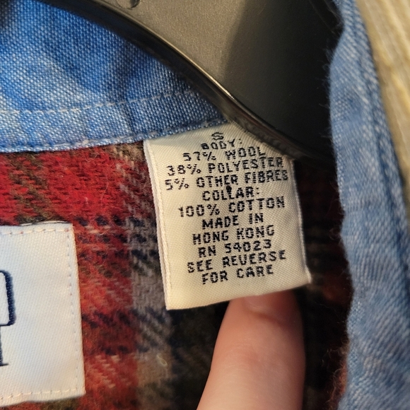 Y2K GAP Wool Red Green Plaid Flannel Button Up Shacket With Corduroy Collar - Picture 6 of 7